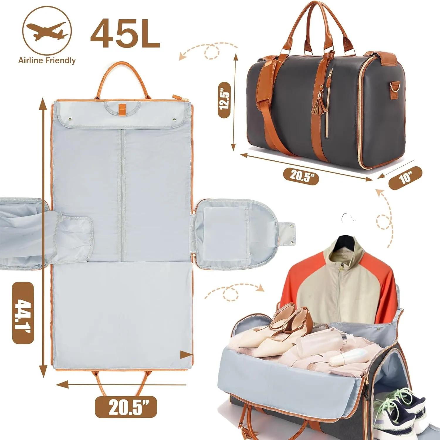 Carry on Garment Bag for Travel Convertible Garment Duffle Bags for Men Women with Shoe Compartment - 2 in 1 Hanging Travel Suitcase Suit