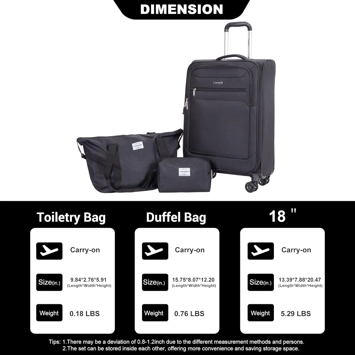 Carry-on Luggage Set 3 Piece Softside Lightweight Suitcase With Spinner Wheels Duffel Bag And Toiletry Bag(10" 16" 18"), Black