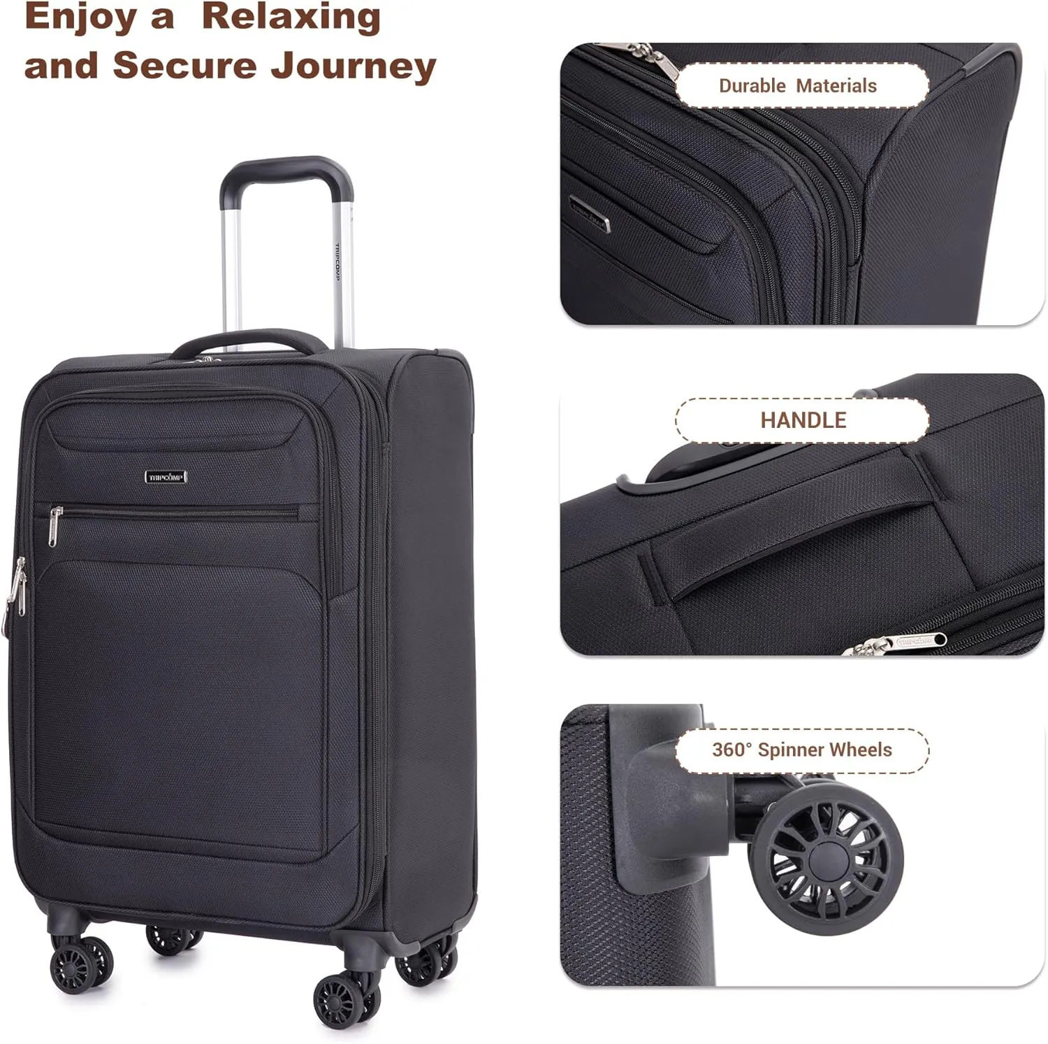 Carry-on Luggage Sets 3 Piece Softside Lightweight Suitcase With Spinner Wheels Duffel Bag And Toiletry Bag(10" 16" 18"), Black