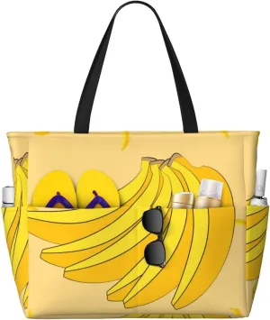 cartoon banana Print 28L Large Beach Tote Bag, 7 Pockets Waterproof Travel Shoulder Bag, Gym Oversized Tote