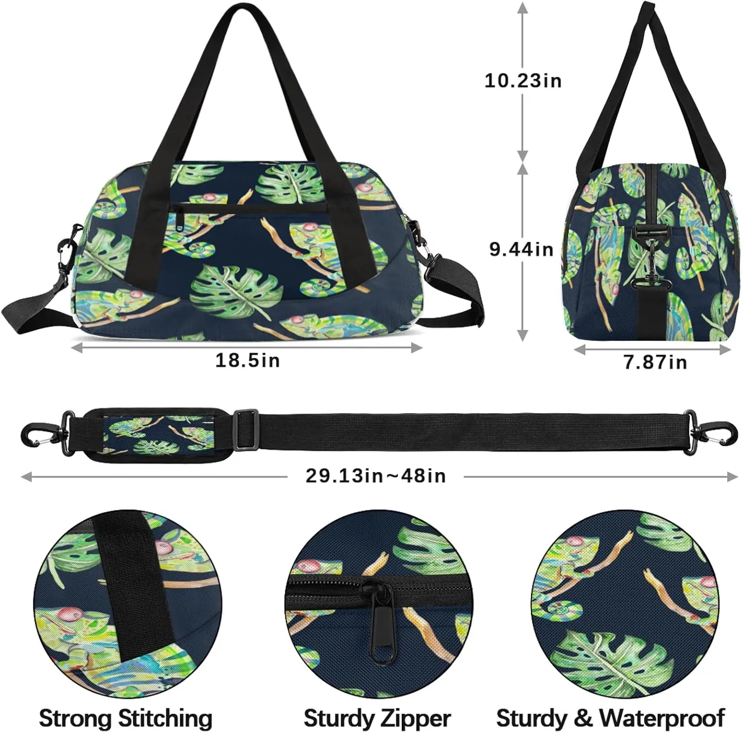 Cartoon Lizard Kids Duffel Bag Lightweight Waterproof Sports Gym Bag with Front Zipper Pocket Foldable Weekender Overnight Bag for School Practice Gymnastic Ballet