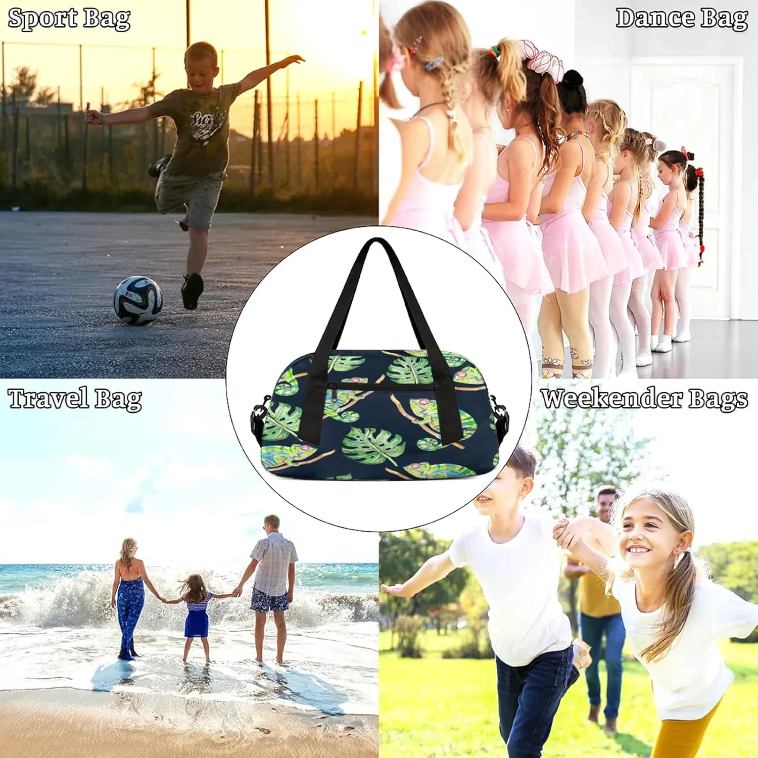 Cartoon Lizard Kids Duffel Bag Lightweight Waterproof Sports Gym Bag with Front Zipper Pocket Foldable Weekender Overnight Bag for School Practice Gymnastic Ballet