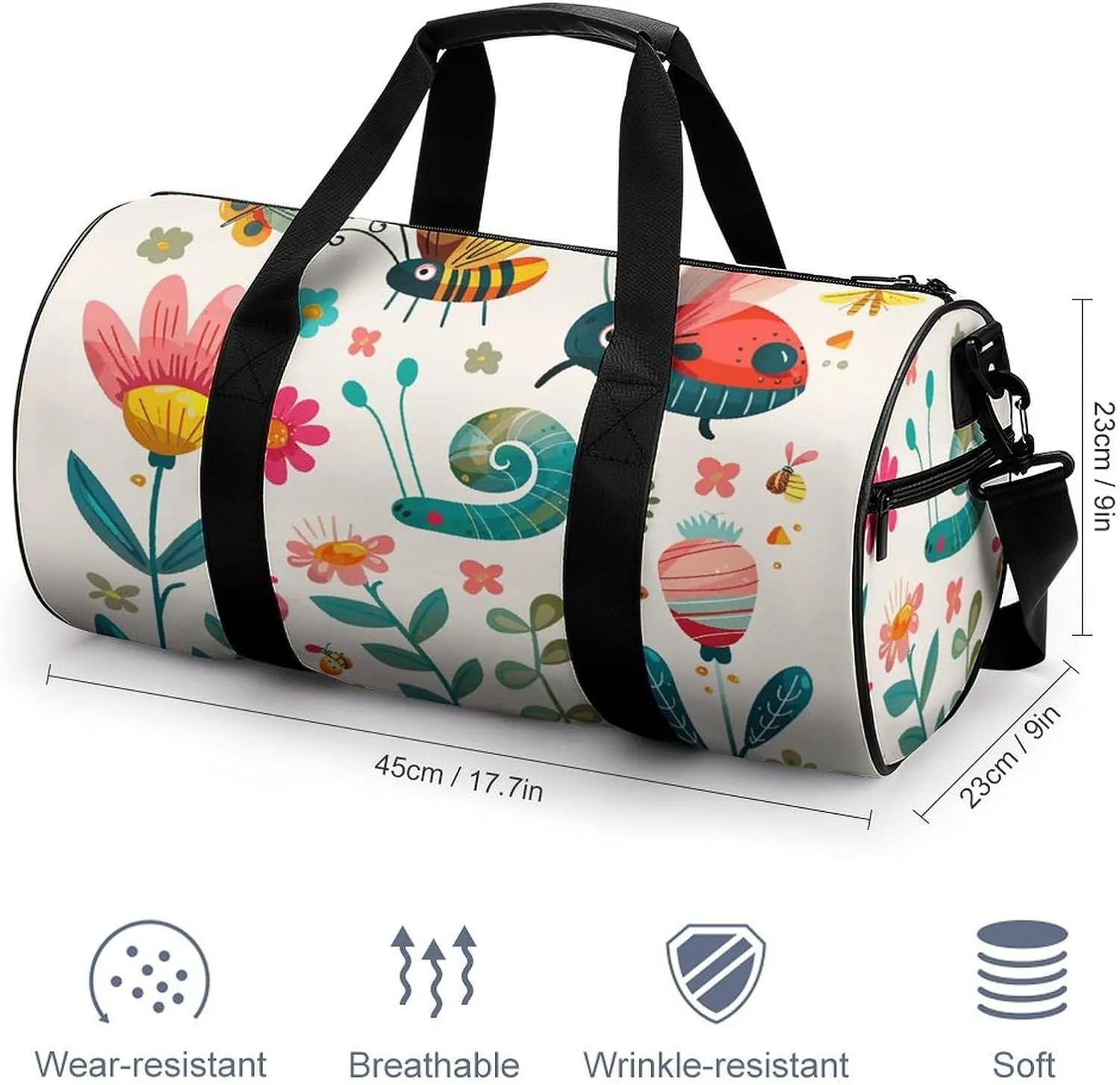 Cartoon Small Insect Gym Bag Small Travel Duffle Bag with Compartment Carry On Weekender Bag for Women Men