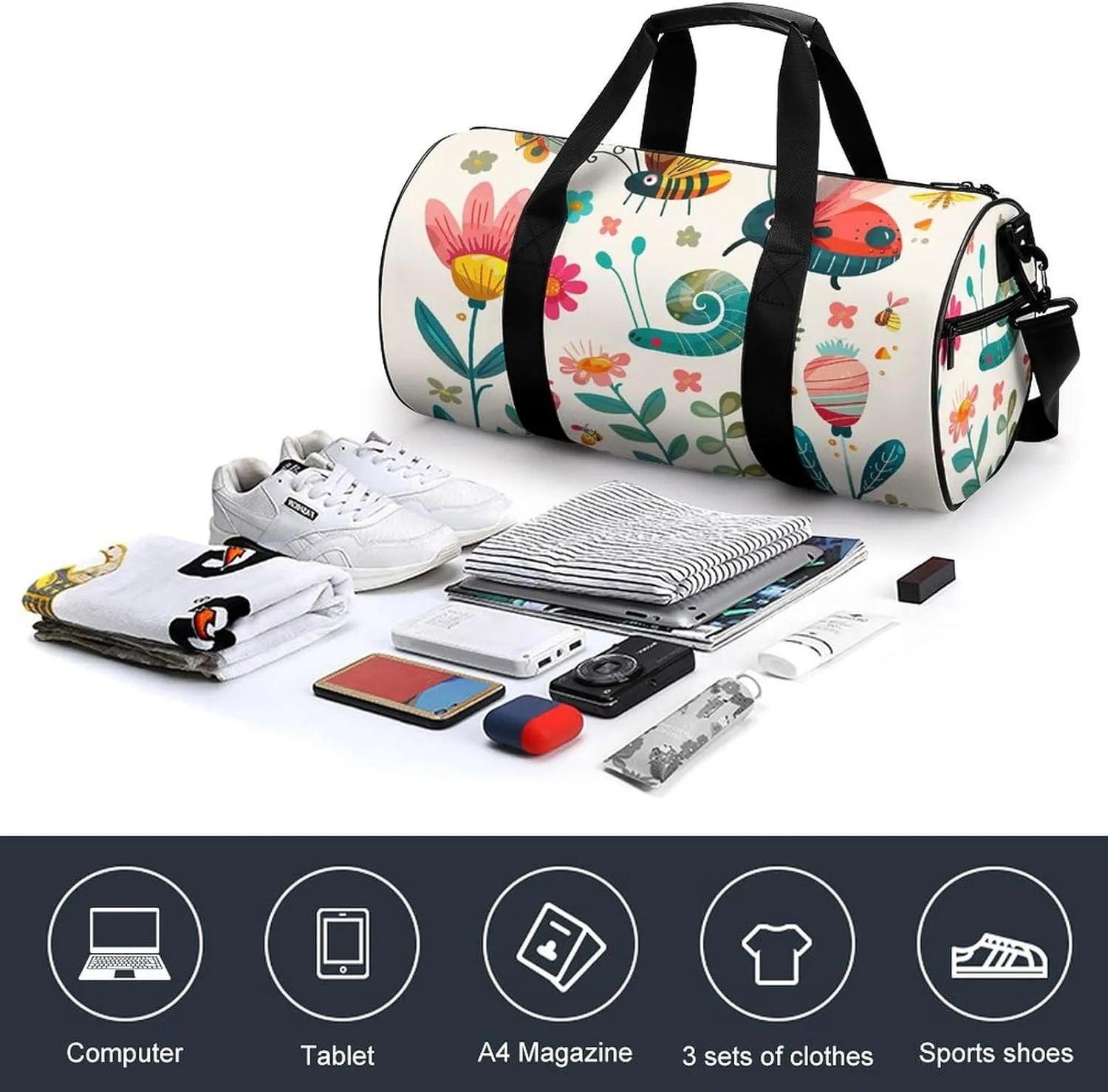 Cartoon Small Insect Gym Bag Small Travel Duffle Bag with Compartment Carry On Weekender Bag for Women Men