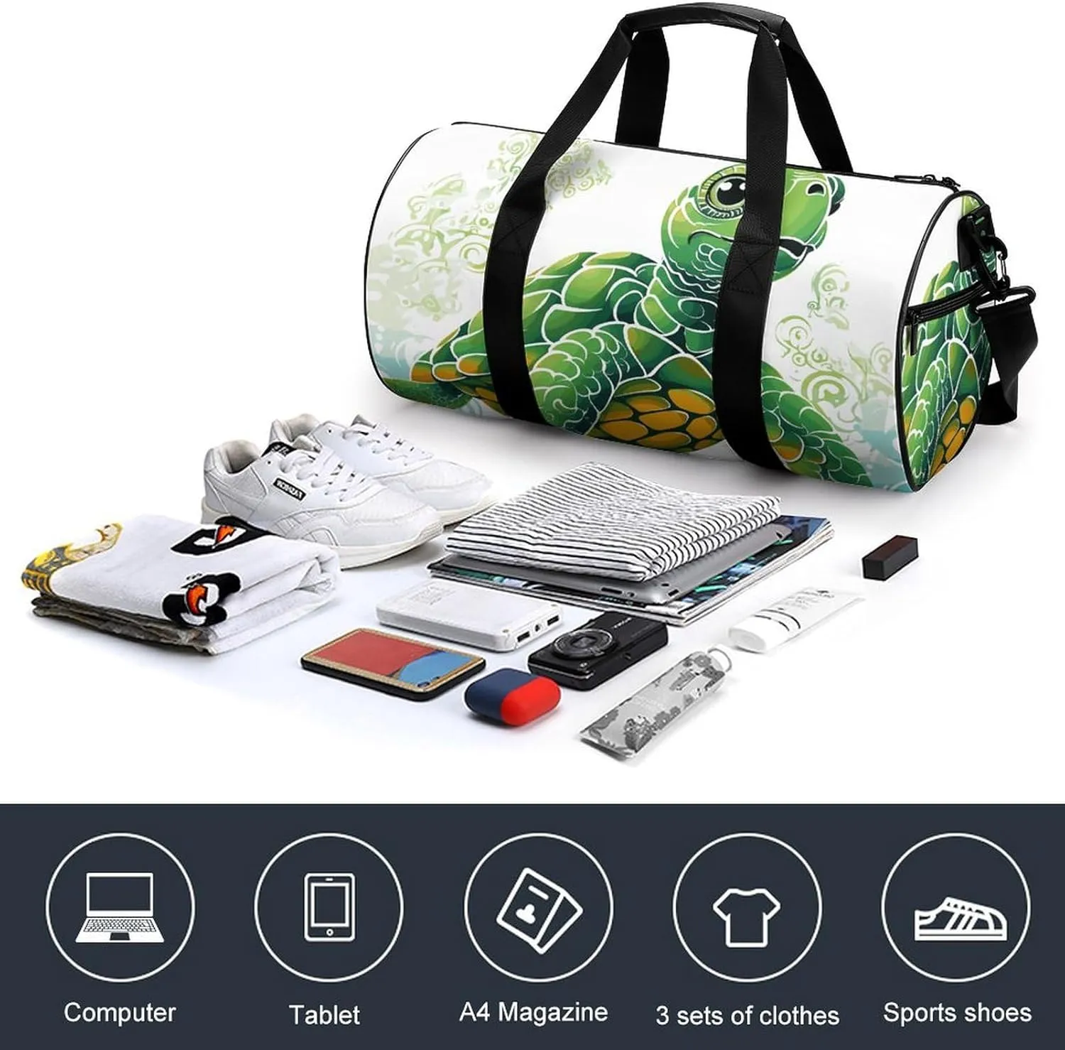 Cartoon Turtle Pattern Gym Bag Small Travel Duffle Bag with Compartment Carry On Weekender Bag for Women Men