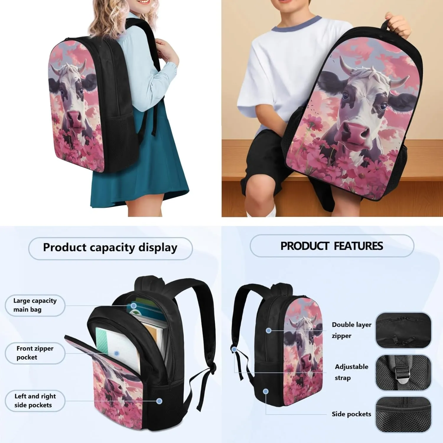 Cattle Flower Kids Backpack 3-Pcs for Preschool Grils School Bag,Cute Cow Book Bag for 5Th 6Th Boys Back Pack with Lunch Bag and Pen Bag for Children Outdoor Coin Purse