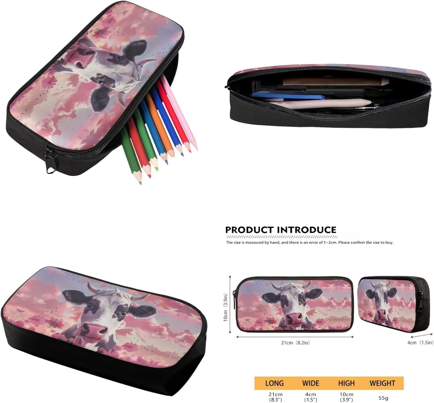 Cattle Flower Kids Backpack 3-Pcs for Preschool Grils School Bag,Cute Cow Book Bag for 5Th 6Th Boys Back Pack with Lunch Bag and Pen Bag for Children Outdoor Coin Purse