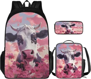 Cattle Flower Kids Backpack 3-Pcs for Preschool Grils School Bag,Cute Cow Book Bag for 5Th 6Th Boys Back Pack with Lunch Bag and Pen Bag for Children Outdoor Coin Purse