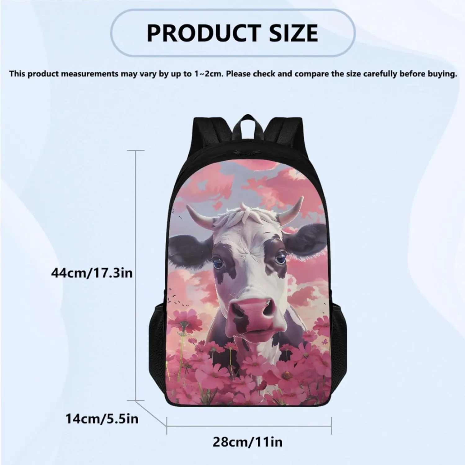 Cattle Flower Kids Backpack 3-Pcs for Preschool Grils School Bag,Cute Cow Book Bag for 5Th 6Th Boys Back Pack with Lunch Bag and Pen Bag for Children Outdoor Coin Purse