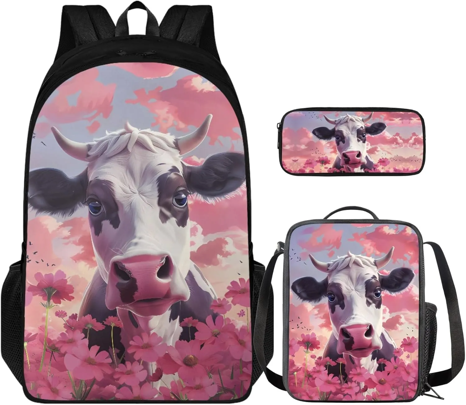 Cattle Flower Kids Backpack 3-Pcs for Preschool Grils School Bag,Cute Cow Book Bag for 5Th 6Th Boys Back Pack with Lunch Bag and Pen Bag for Children Outdoor Coin Purse