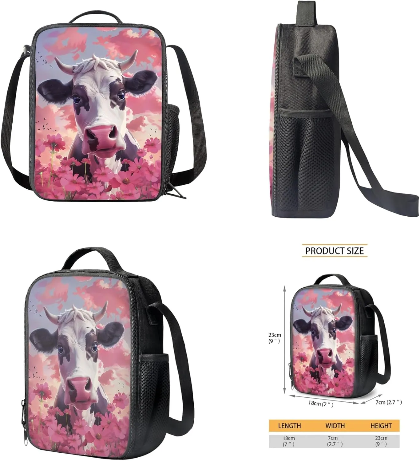 Cattle Flower Kids Backpack 3-Pcs for Preschool Grils School Bag,Cute Cow Book Bag for 5Th 6Th Boys Back Pack with Lunch Bag and Pen Bag for Children Outdoor Coin Purse