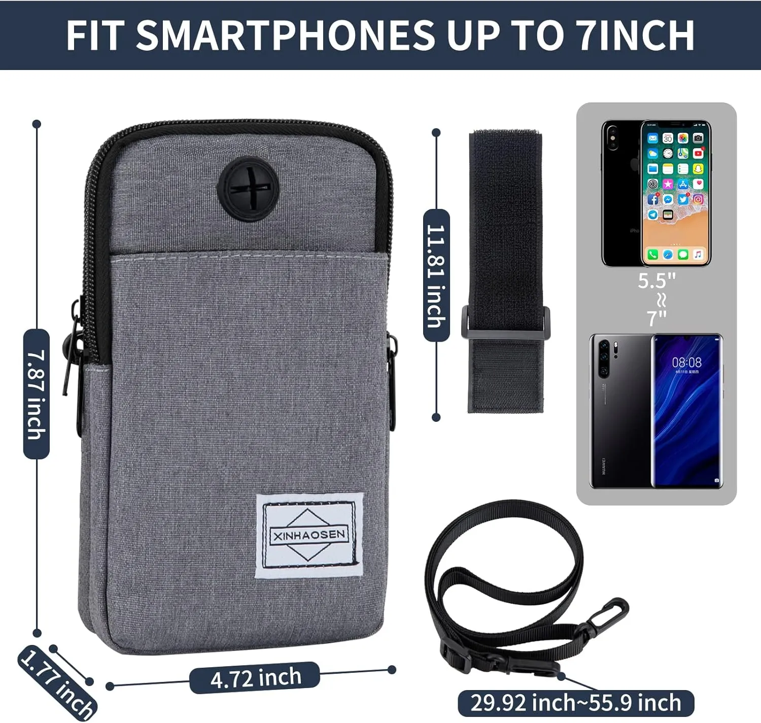 Cell Phone Purse Waist Pack Bag Travel Crossbody Bag Wristband Sport Armband Wallet with Removable Shoulder Strap (Light Grey)