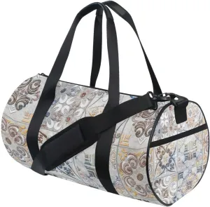 Ceramic Wall Tiles Vintage Abstract Ethnic Tribal Floral Ornaments Duffel Bag, Foldable Canvas Travel Tote for Gym Sports with Inner Pockets, Durable Lightweight Fitness Bag for Overnight Workout