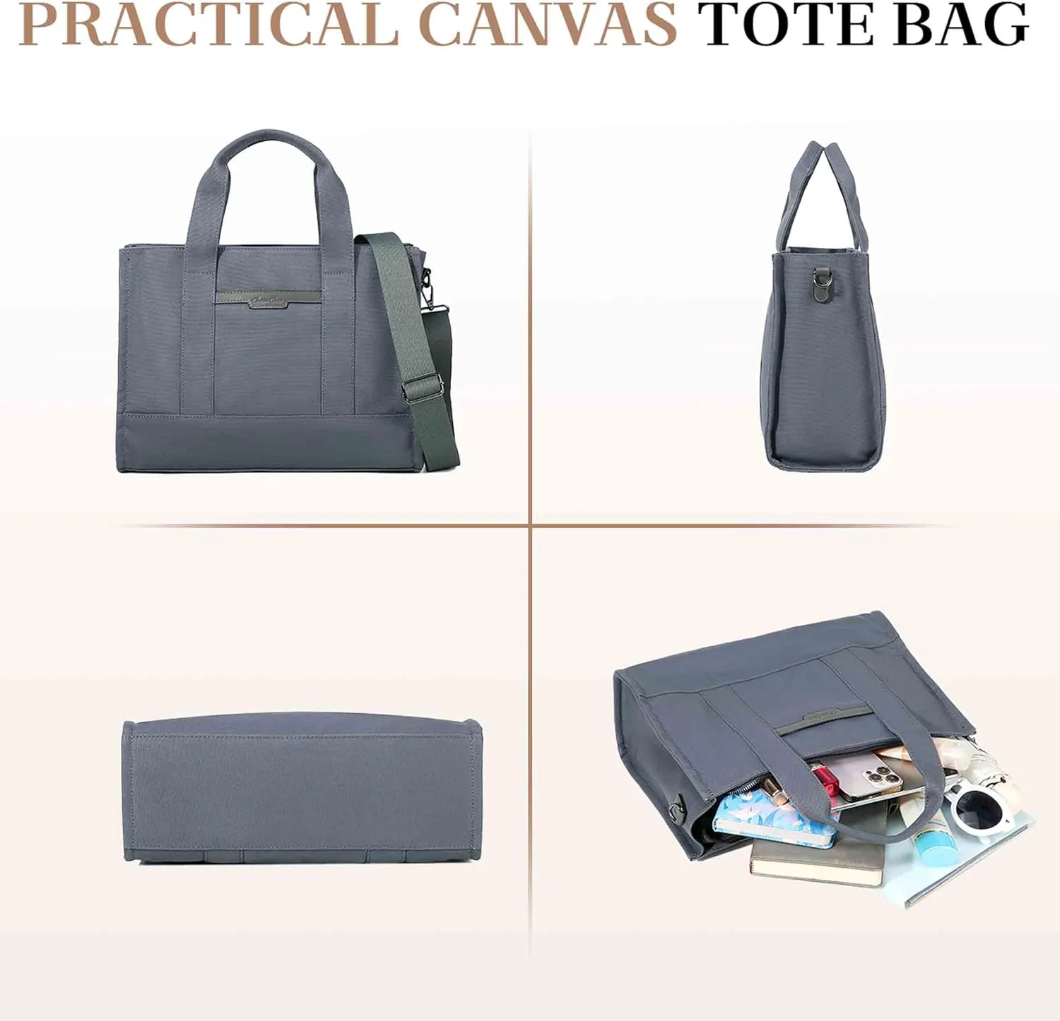 Chase Chic Canvas Tote Bag with Zipper for Women, Multi Pocket Shoulder Crossbody Handbag Bag with Compartments for Work