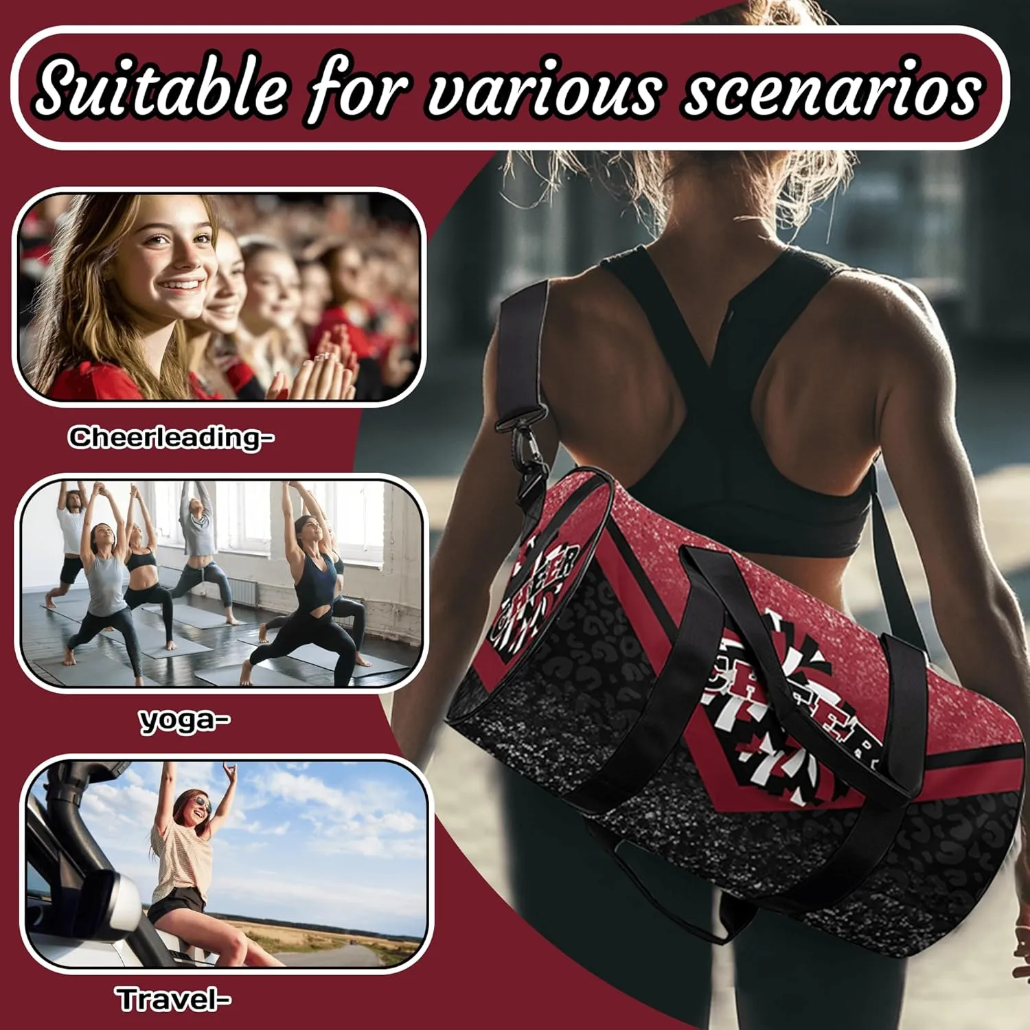 Cheer Duffle Bag for Cheerleaders, Cheerleading Gym Bag for Women, Travel Bag Duffel Bag, Carry on Weekender Bag (Winered&Black)