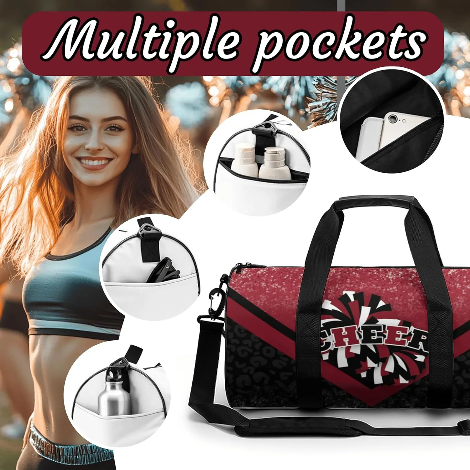 Cheer Duffle Bag for Cheerleaders, Cheerleading Gym Bag for Women, Travel Bag Duffel Bag, Carry on Weekender Bag (Winered&Black)