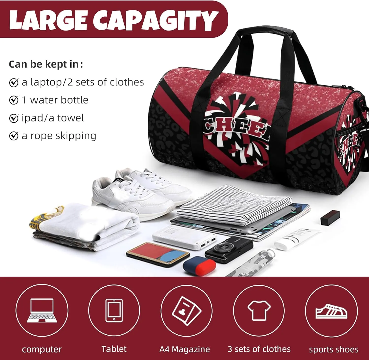 Cheer Duffle Bag for Cheerleaders, Cheerleading Gym Bag for Women, Travel Bag Duffel Bag, Carry on Weekender Bag (Winered&Black)