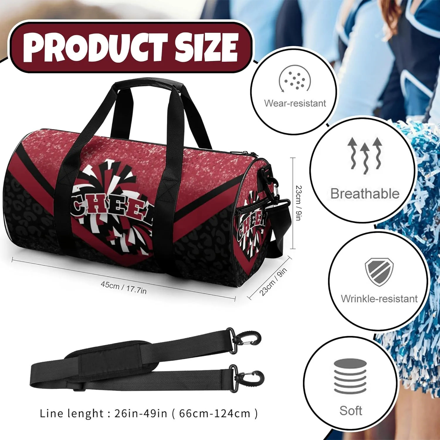 Cheer Duffle Bag for Cheerleaders, Cheerleading Gym Bag for Women, Travel Bag Duffel Bag, Carry on Weekender Bag (Winered&Black)