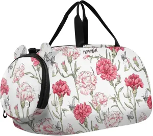 Chic Carnation White Red Small Gym Bag with Shoes Compartment Large Capacity Weekender Overnight Dance Bag for School Practice, Sports, Travel