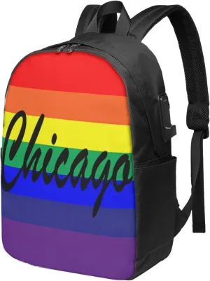 Chicago Illinois Gay LGBT Pride Rainbow Flag Laptop Backpacks Travel Backpack Casual Business Daypack Sport Rucksack Computer Bag Fits up to 17 Inch Notebook with USB Port