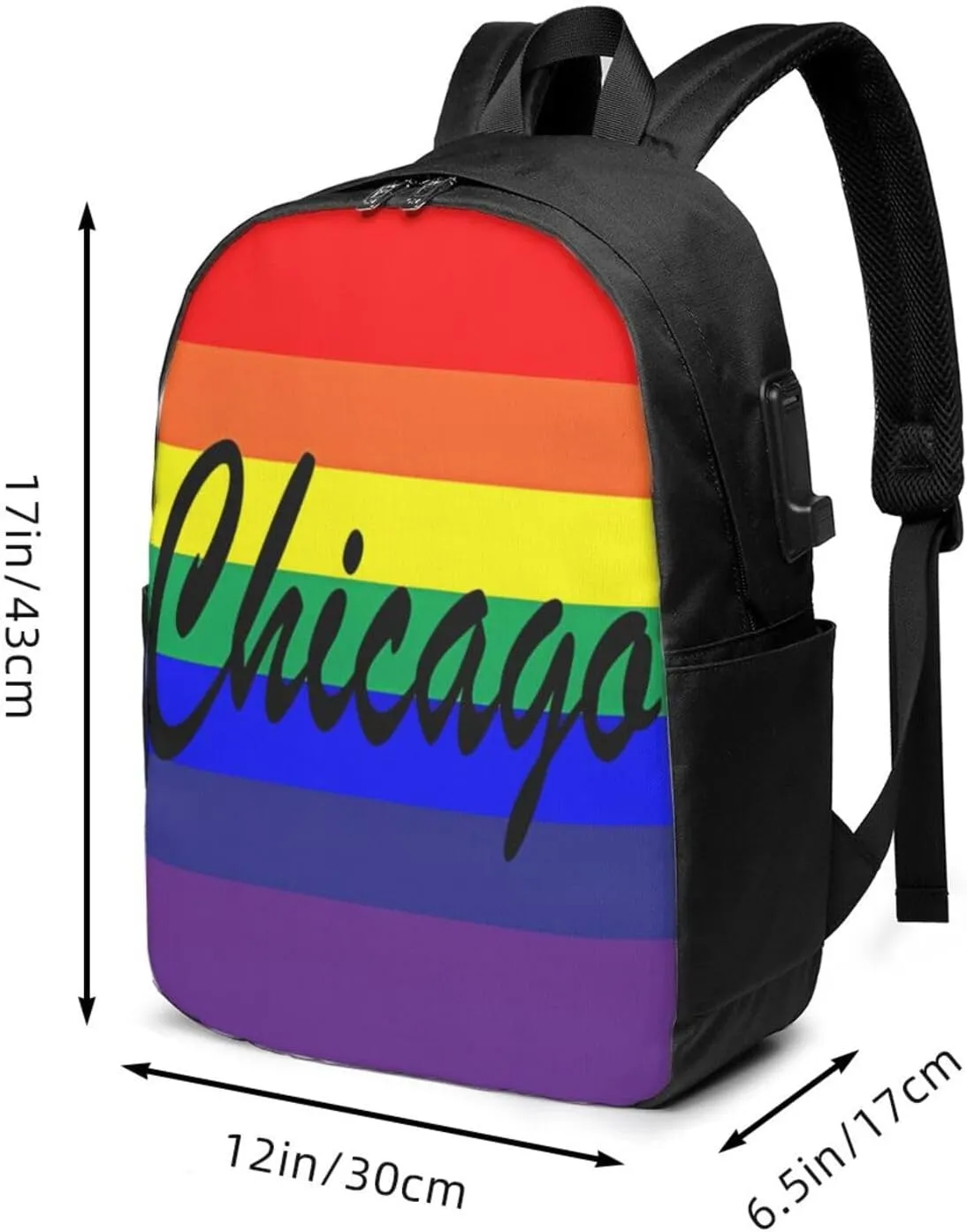 Chicago Illinois Gay LGBT Pride Rainbow Flag Laptop Backpacks Travel Backpack Casual Business Daypack Sport Rucksack Computer Bag Fits up to 17 Inch Notebook with USB Port
