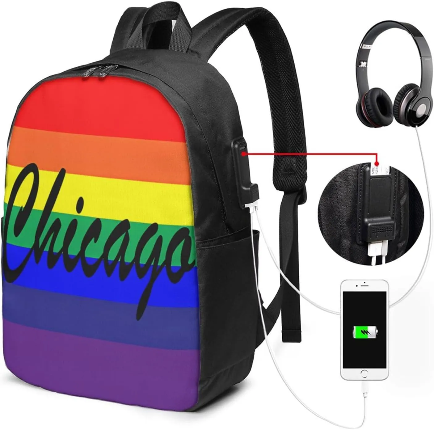Chicago Illinois Gay LGBT Pride Rainbow Flag Laptop Backpacks Travel Backpack Casual Business Daypack Sport Rucksack Computer Bag Fits up to 17 Inch Notebook with USB Port