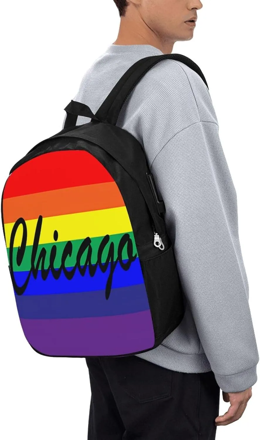 Chicago Illinois Gay LGBT Pride Rainbow Flag Laptop Backpacks Travel Backpack Casual Business Daypack Sport Rucksack Computer Bag Fits up to 17 Inch Notebook with USB Port