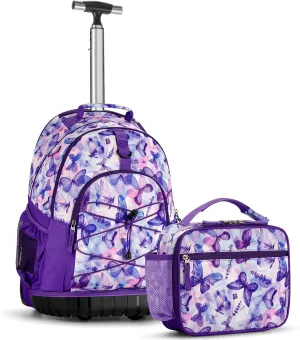 Choco Mocha Rolling Backpack for Girls, 18 Inch Roller Backpack for Middle School Bookbag with Wheels for Teen Girl, Butterfly Rolling Backpacks for Girls 8-12 with Lunch Bag Set, Purple