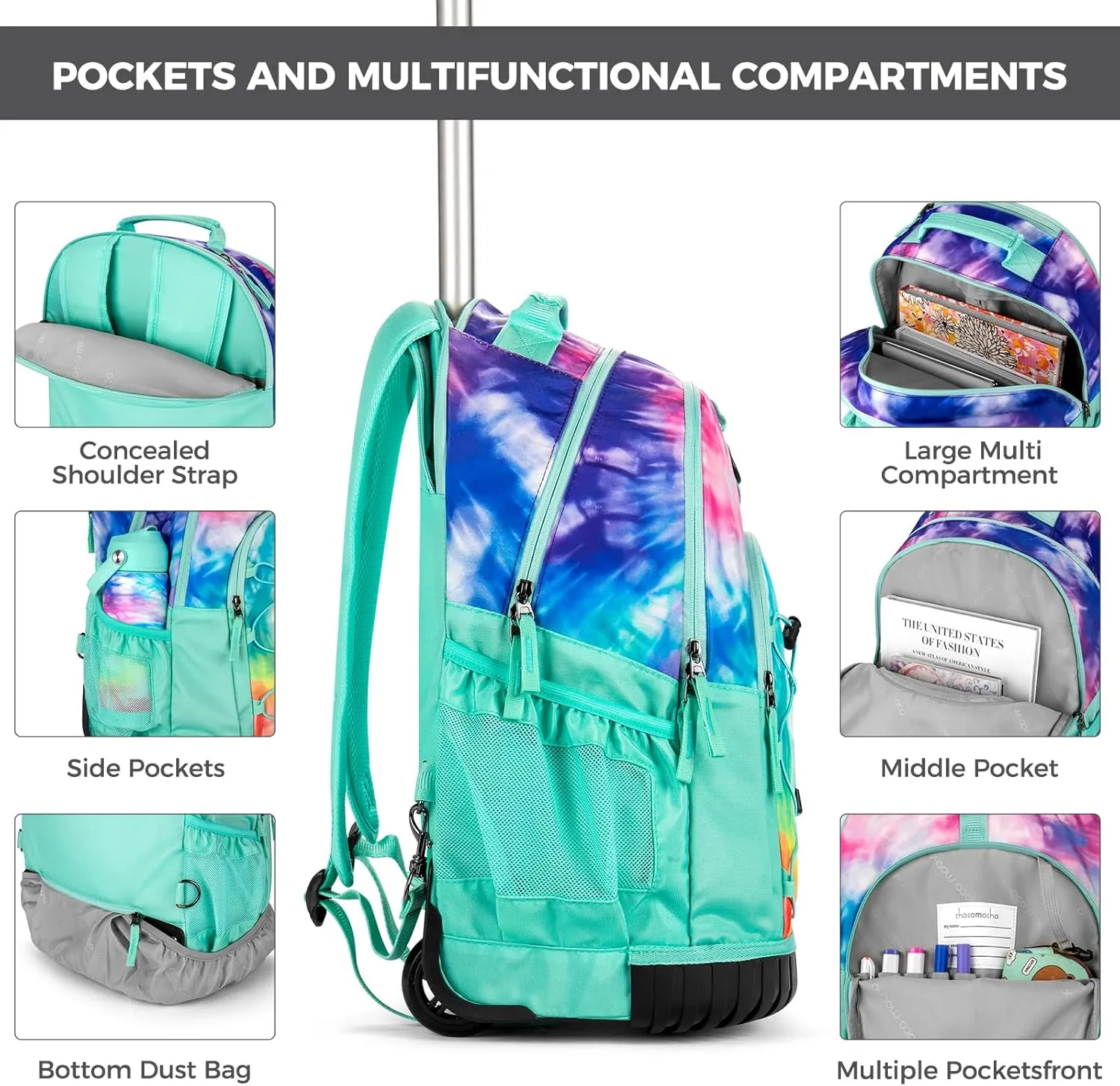 Choco Mocha Rolling Backpack for Girls, 18 Inch Roller Backpack for Middle School Bookbag with Wheels for Teen Girl, Butterfly Rolling Backpacks for Girls 8-12 with Lunch Bag Set, Purple
