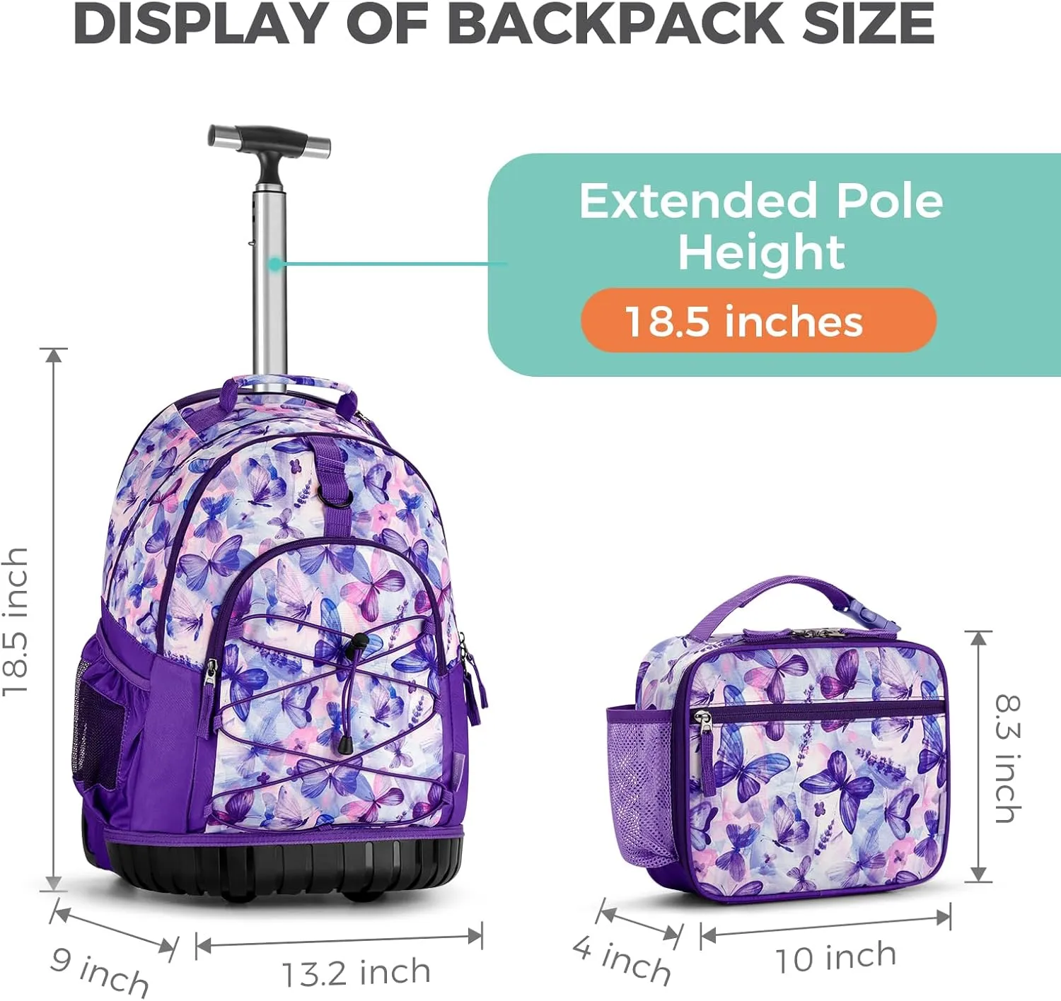Choco Mocha Rolling Backpack for Girls, 18 Inch Roller Backpack for Middle School Bookbag with Wheels for Teen Girl, Butterfly Rolling Backpacks for Girls 8-12 with Lunch Bag Set, Purple