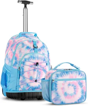 Choco Mocha Rolling Backpack for Girls, 18 Inch Roller Backpack for Middle School Bookbag with Wheels for Teen Girl, Tie Dye Rolling Backpacks for Girls 8-12 with Lunch Bag, Blue