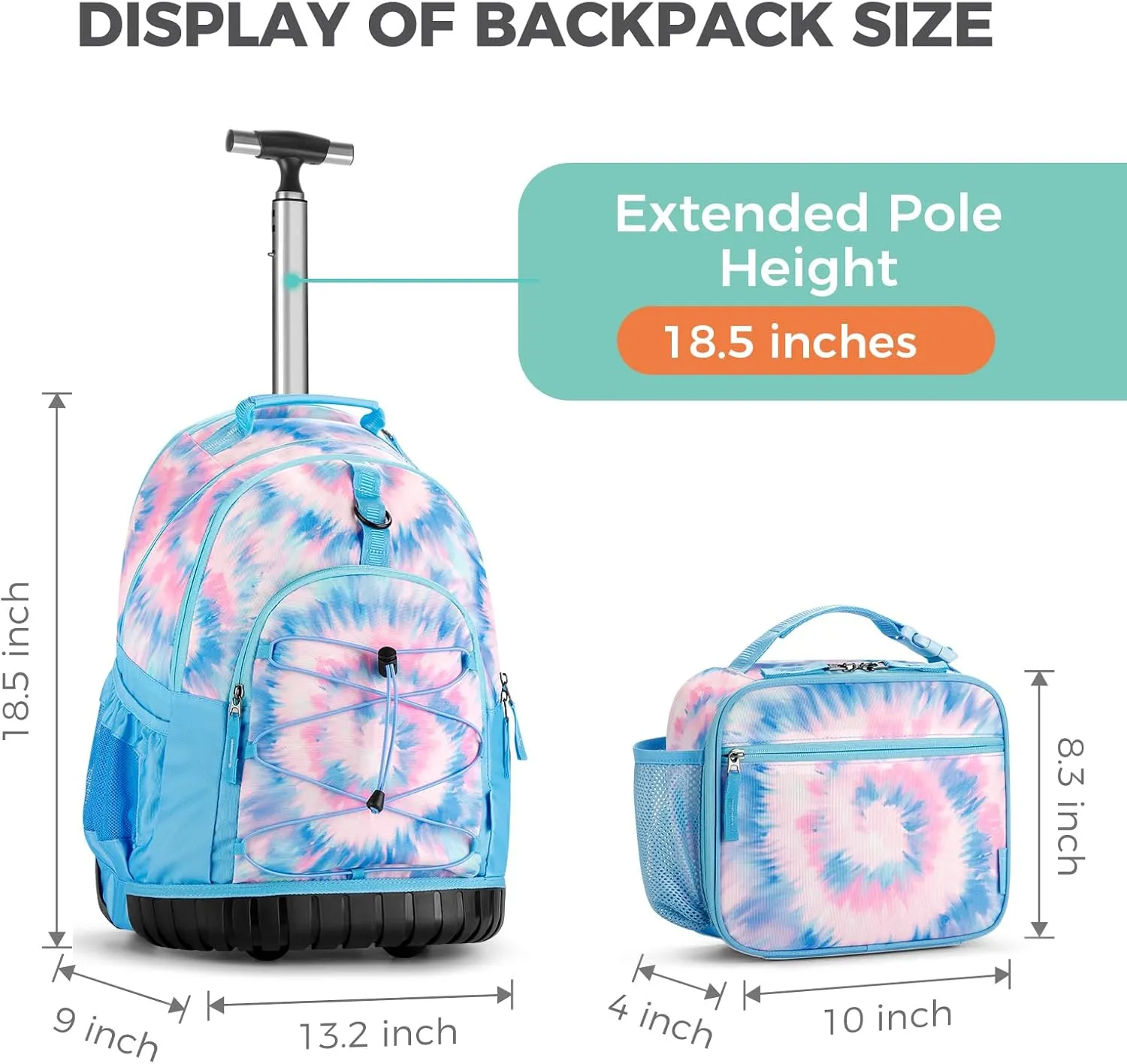 Choco Mocha Rolling Backpack for Girls, 18 Inch Roller Backpack for Middle School Bookbag with Wheels for Teen Girl, Tie Dye Rolling Backpacks for Girls 8-12 with Lunch Bag, Blue