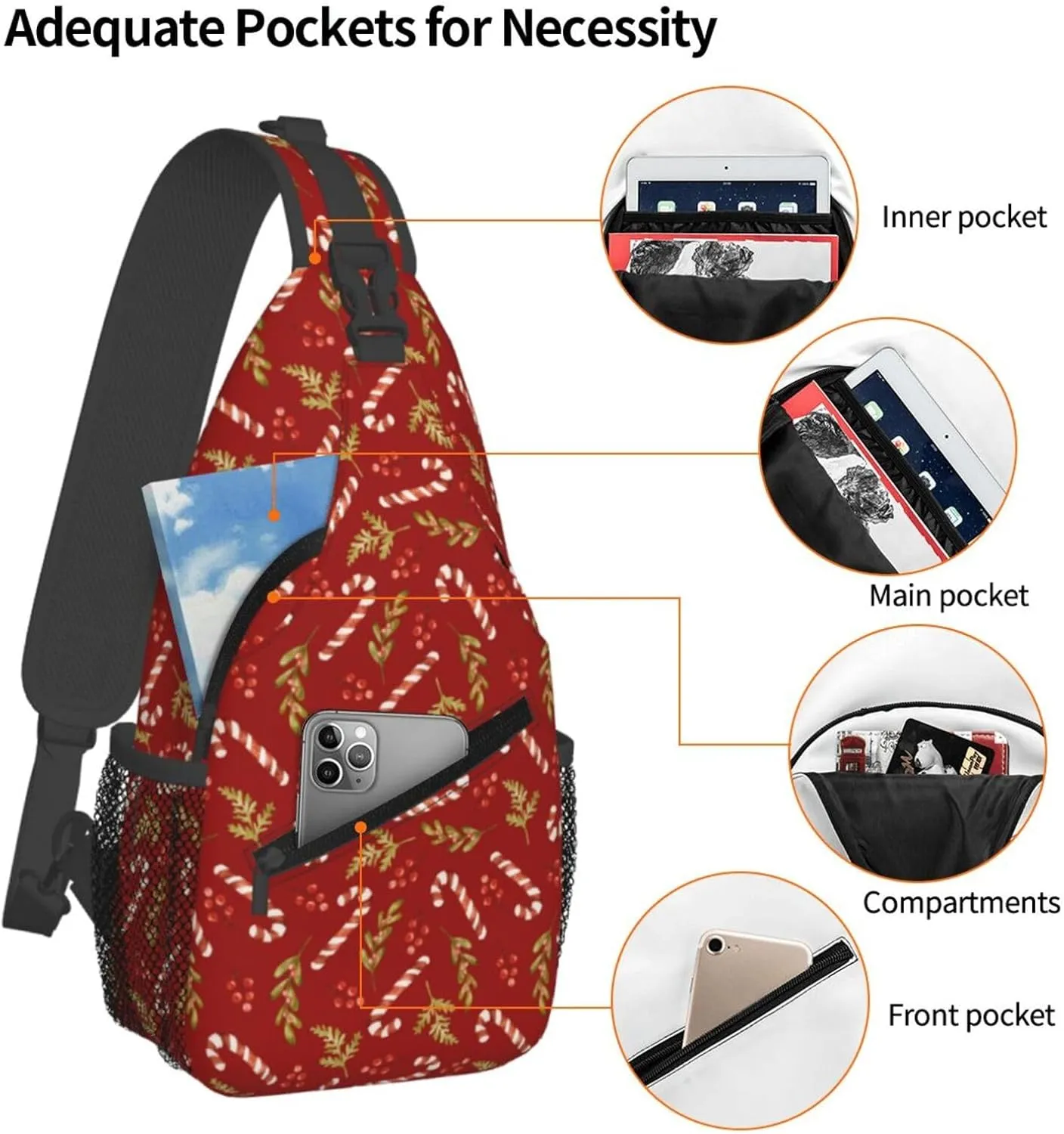 Christmas Candy Berries And Holly Crossbody Sling Bag For Women Men - Adjustable Christmas New Year Chest Shoulder Sling Backpack Daypack For Sport Travel Hiking