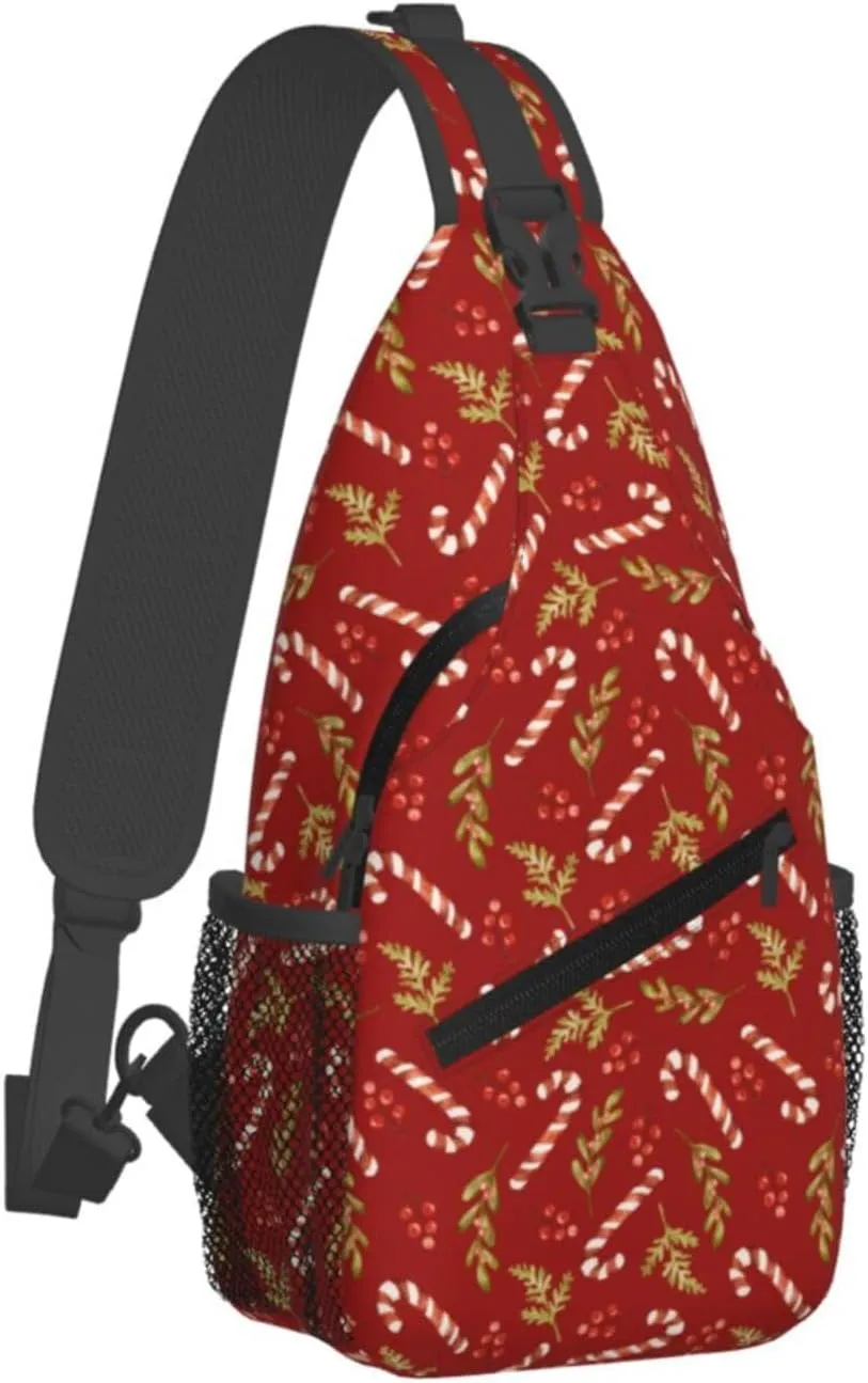Christmas Candy Berries And Holly Crossbody Sling Bag For Women Men - Adjustable Christmas New Year Chest Shoulder Sling Backpack Daypack For Sport Travel Hiking