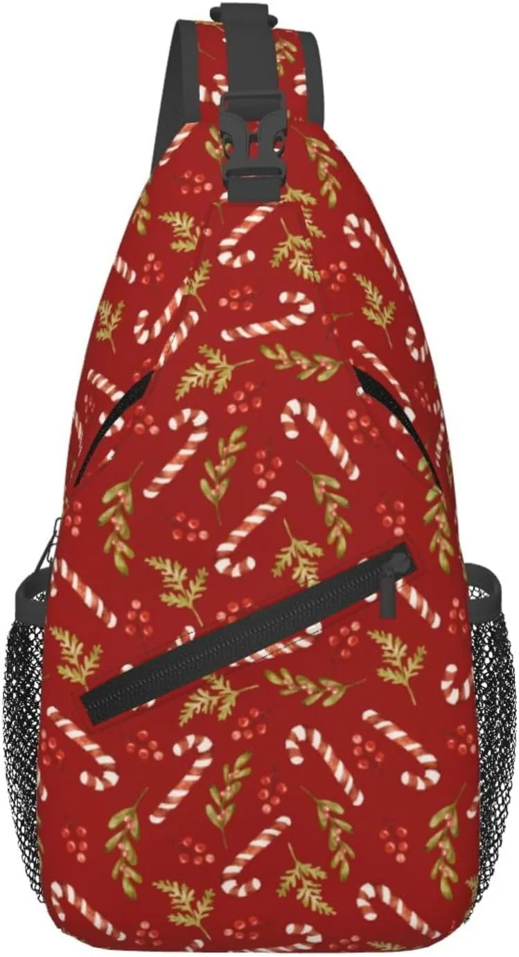 Christmas Candy Berries And Holly Crossbody Sling Bag For Women Men - Adjustable Christmas New Year Chest Shoulder Sling Backpack Daypack For Sport Travel Hiking