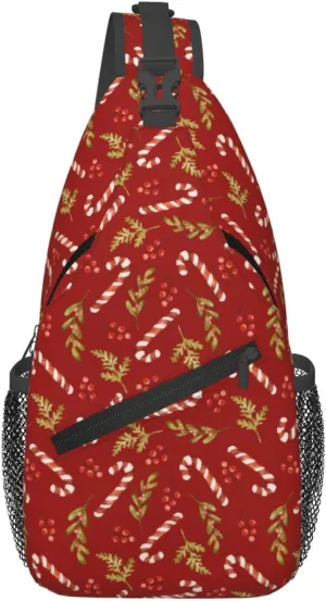 Christmas Candy Berries And Holly Crossbody Sling Bag For Women Men - Adjustable Christmas New Year Chest Shoulder Sling Backpack Daypack For Sport Travel Hiking
