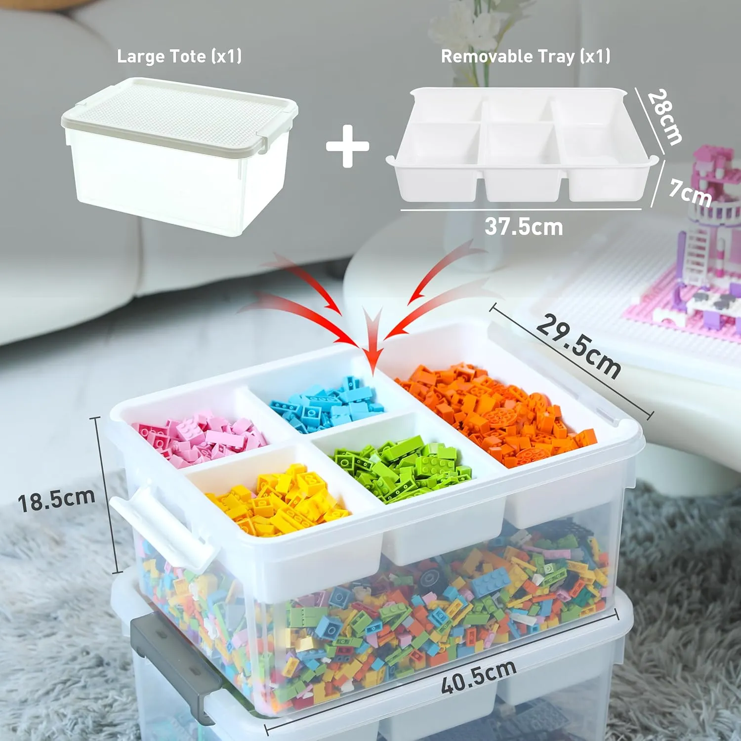 Citylife 17 QT Plastic Storage Box with Building Baseplate Lid and Removable Tray Craft Organizers and Storage Clear Storage Container for Organizing Bead, Tool, Sewing