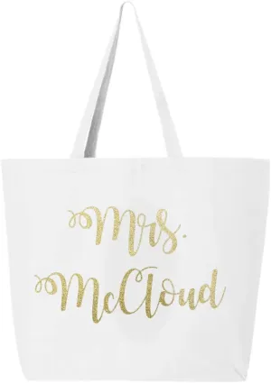 Classy Bride Personalized Tote Bag - Customized Mrs. Glitter Gold Tote