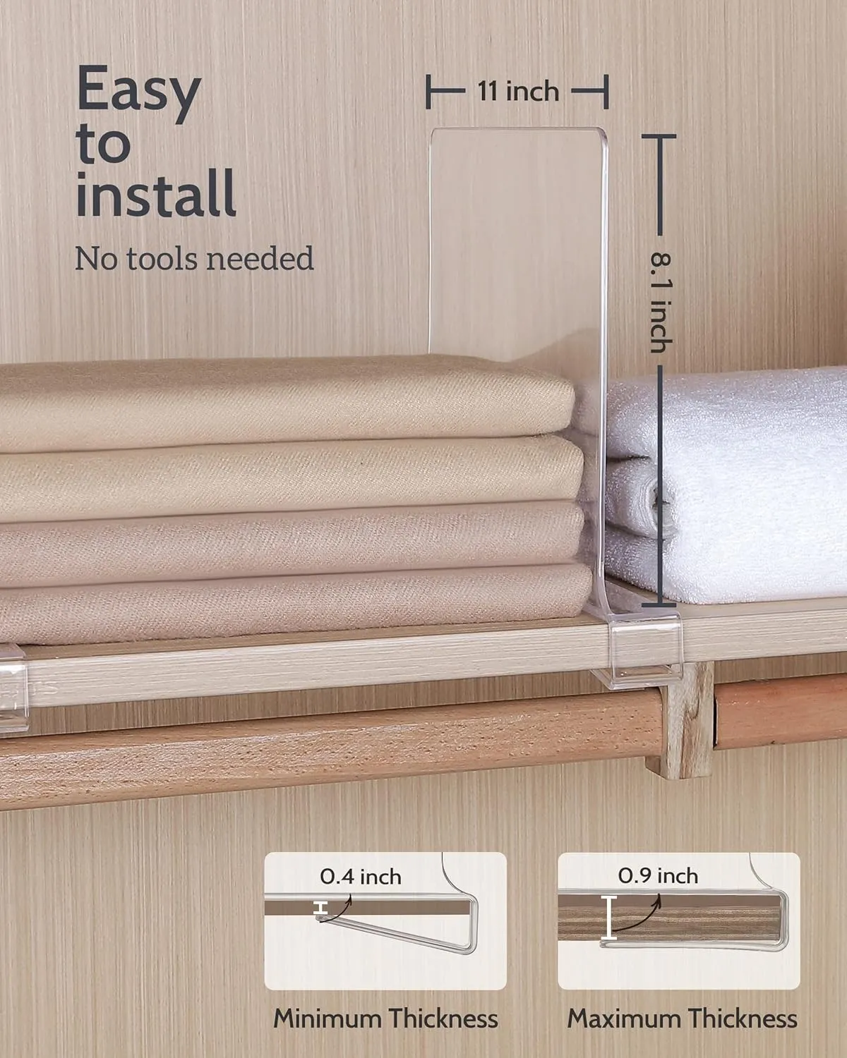 Clear Acrylic Shelf Dividers, Closet Shelf Divider and Closet Separator for Organization in Bedroom, Kitchen and Office Plastic Shelves 8 PCS