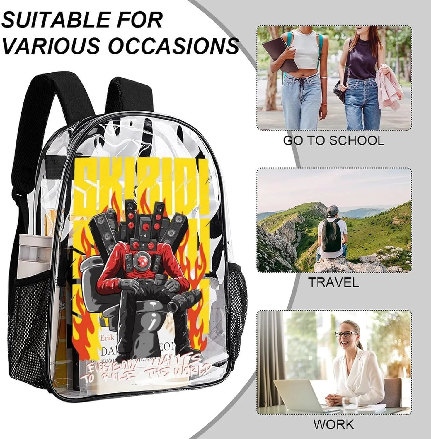 Clear Backpack Heavy Duty PVC Transparent Funny Toi-let Backpack 17"" Large Capacity See Through Bag for Travel, 43x32x13cm, Style-5
