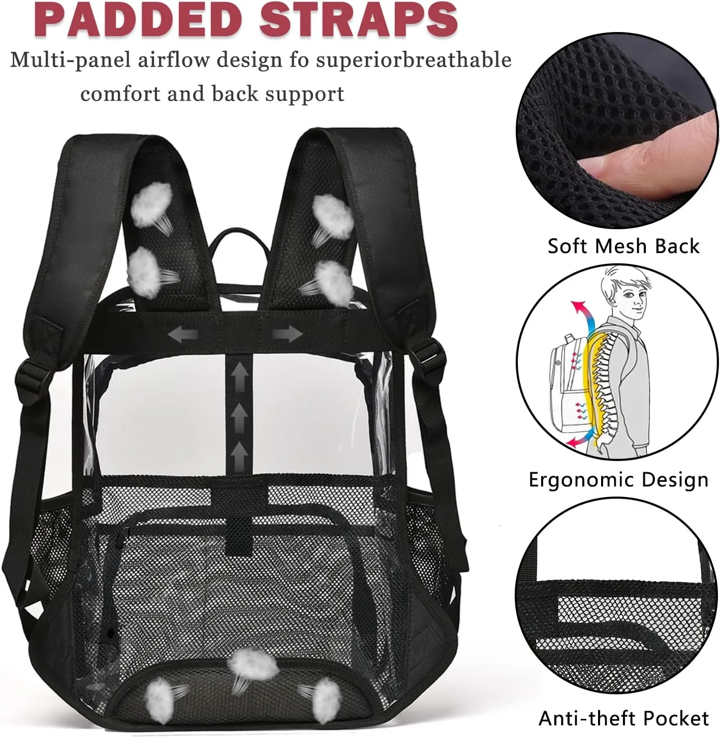 Clear Backpack,15'' Clear Backpacks for School Heavy Duty See Through Bookbag Multi-pocket PVC Backpack for Men Women