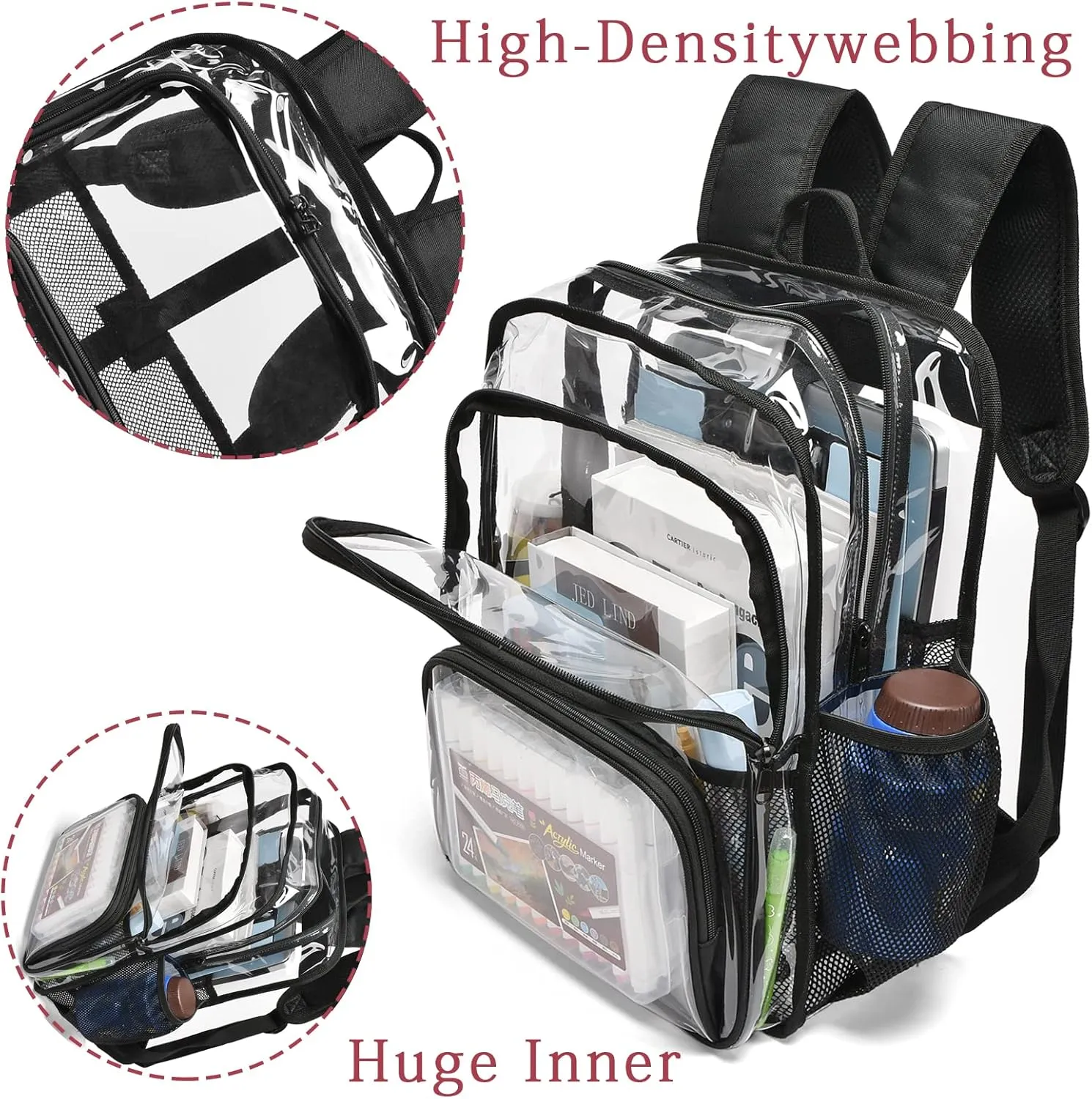 Clear Backpack,15'' Clear Backpacks for School Heavy Duty See Through Bookbag Multi-pocket PVC Backpack for Men Women