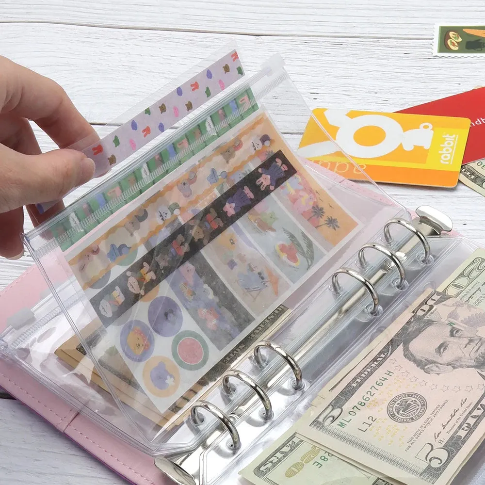 Clear PVC Zipper Pouch Binder Pockets Loose Leaf Journal Refill Card Storage Bag
