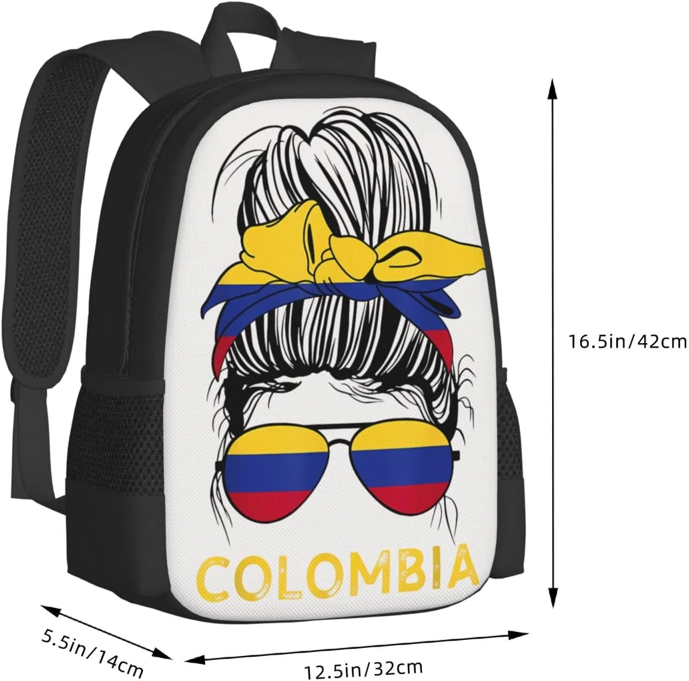 Colombian Women Messy Hair Sunglasses Colombia Flag Casual Backpack Large Capacity Backpacks 15 Inch Laptop Back Pack Travel Rucksack Daypack Commuter Bags with Adjustable Strap for Camping
