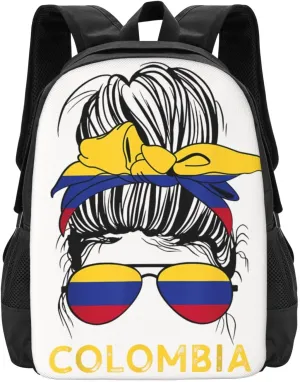 Colombian Women Messy Hair Sunglasses Colombia Flag Casual Backpack Large Capacity Backpacks 15 Inch Laptop Back Pack Travel Rucksack Daypack Commuter Bags with Adjustable Strap for Camping