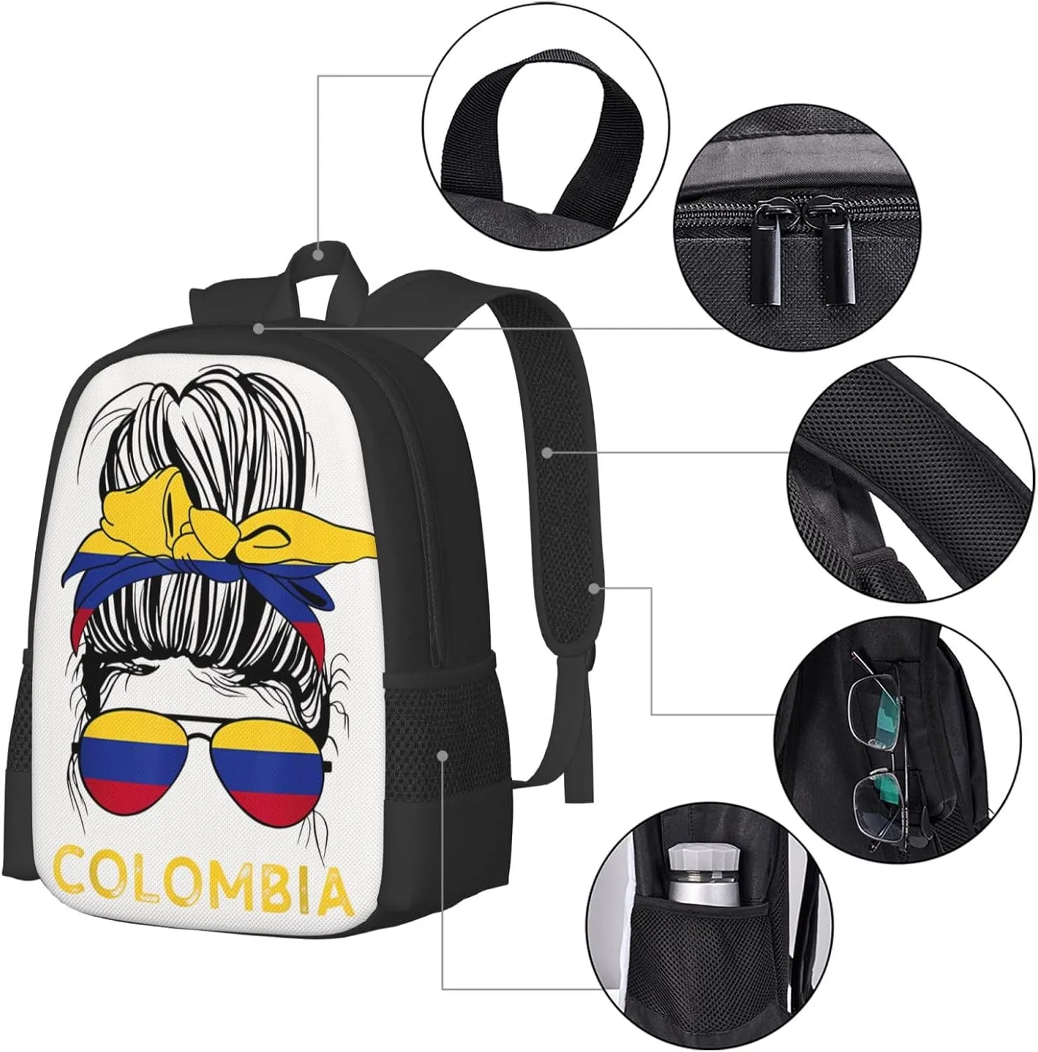 Colombian Women Messy Hair Sunglasses Colombia Flag Casual Backpack Large Capacity Backpacks 15 Inch Laptop Back Pack Travel Rucksack Daypack Commuter Bags with Adjustable Strap for Camping