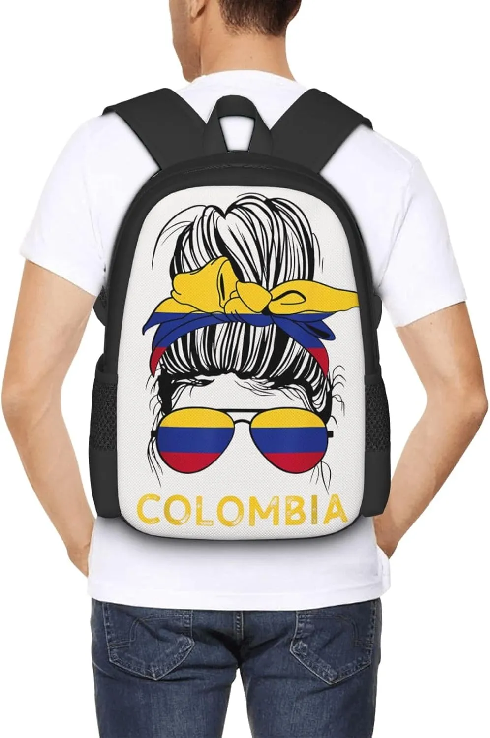 Colombian Women Messy Hair Sunglasses Colombia Flag Casual Backpack Large Capacity Backpacks 15 Inch Laptop Back Pack Travel Rucksack Daypack Commuter Bags with Adjustable Strap for Camping