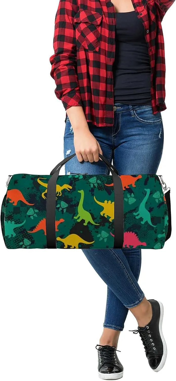 Colorful Dinosaurs Footprint Sports Duffel Bag Travel Gym Tote Bags Lightweight Durable Shoulder Strap Waterproof Polyester Outside Mesh Pocket Overnight Trip Duffel Bag for Women Men