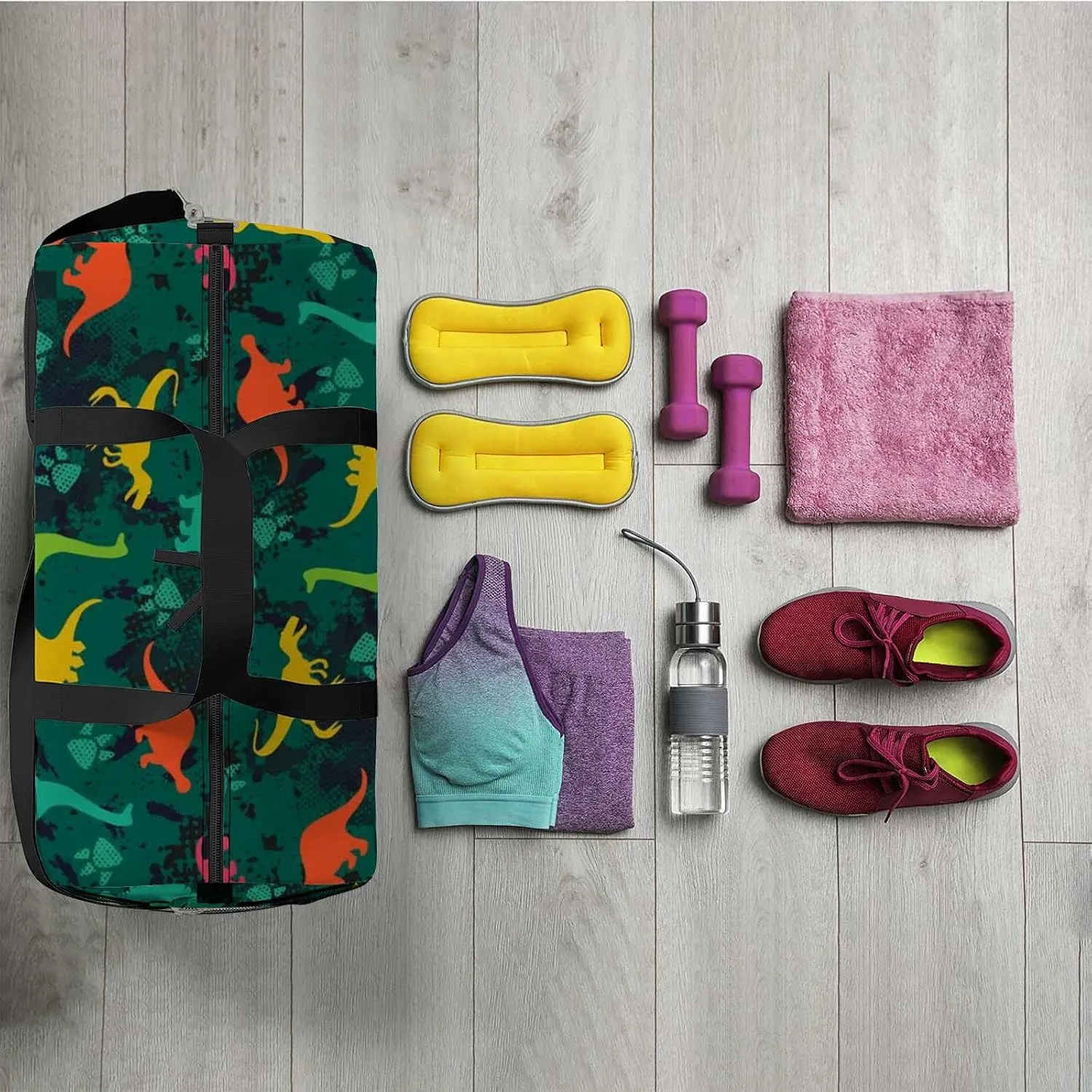 Colorful Dinosaurs Footprint Sports Duffel Bag Travel Gym Tote Bags Lightweight Durable Shoulder Strap Waterproof Polyester Outside Mesh Pocket Overnight Trip Duffel Bag for Women Men