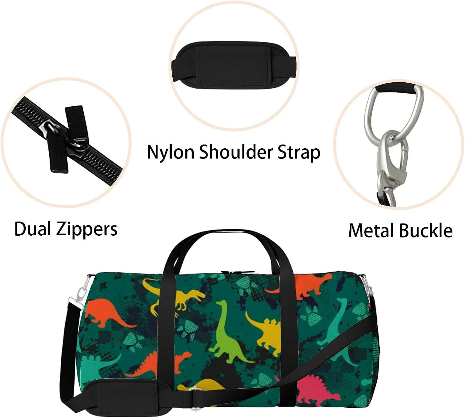 Colorful Dinosaurs Footprint Sports Duffel Bag Travel Gym Tote Bags Lightweight Durable Shoulder Strap Waterproof Polyester Outside Mesh Pocket Overnight Trip Duffel Bag for Women Men